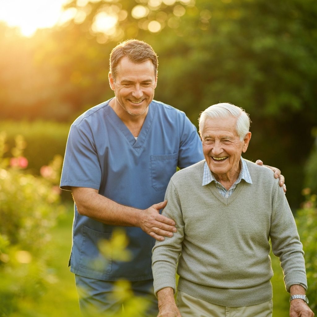 Cuidador profesional asistiendo a un adulto mayor en un jardín